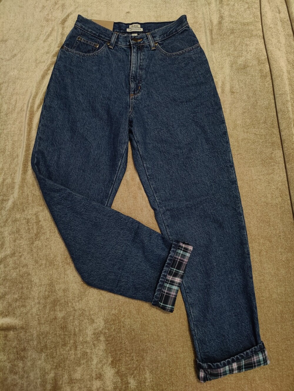 L.L. Bean High-Waist Original Fit Relaxed Cotton Plaid Lined Denim Jeans, 8 M/T